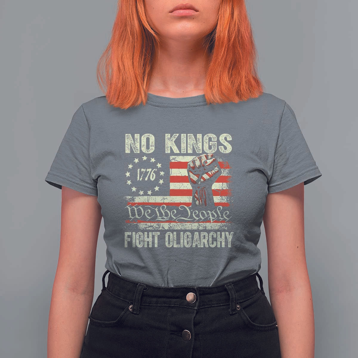 Funny No Kings Fight Oligarchy T Shirt For Women Betsy Ross Flag Hand Fist - Wonder Print Shop