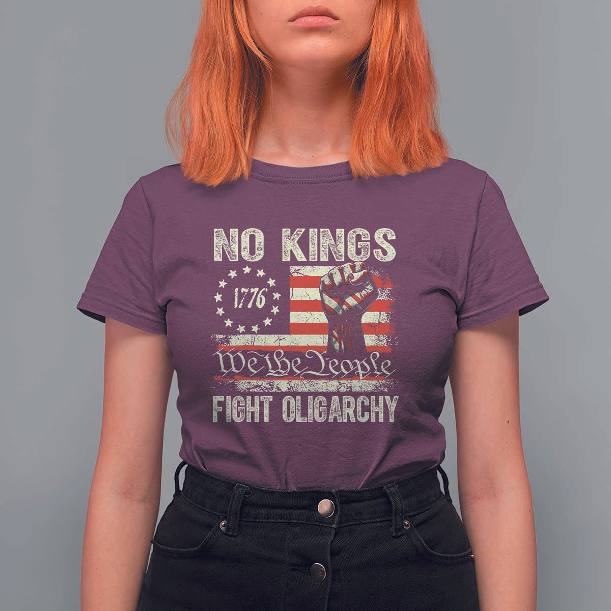 Funny No Kings Fight Oligarchy T Shirt For Women Betsy Ross Flag Hand Fist - Wonder Print Shop