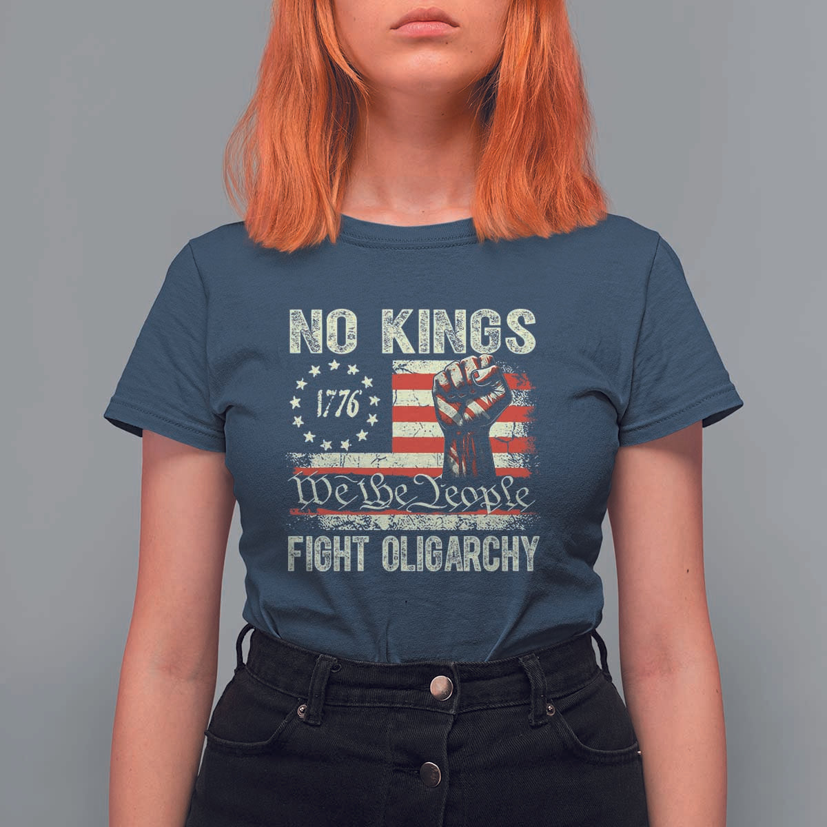 Funny No Kings Fight Oligarchy T Shirt For Women Betsy Ross Flag Hand Fist - Wonder Print Shop
