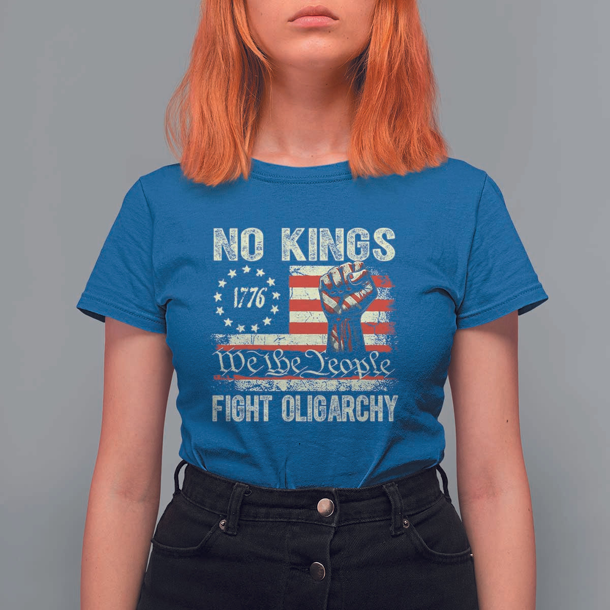 Funny No Kings Fight Oligarchy T Shirt For Women Betsy Ross Flag Hand Fist - Wonder Print Shop