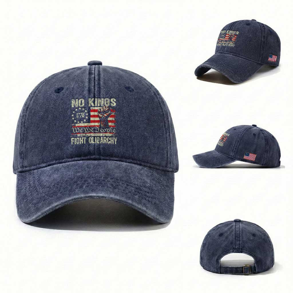 Funny No Kings Fight Oligarchy Washed Cotton Baseball Cap Betsy Ross Flag Hand Fist