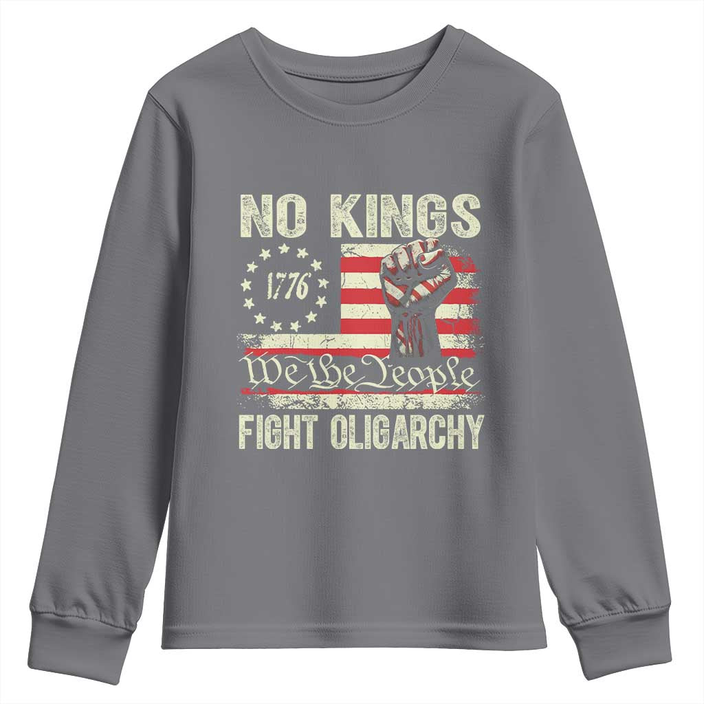 Funny No Kings Fight Oligarchy Youth Sweatshirt Betsy Ross Flag Hand Fist - Wonder Print Shop