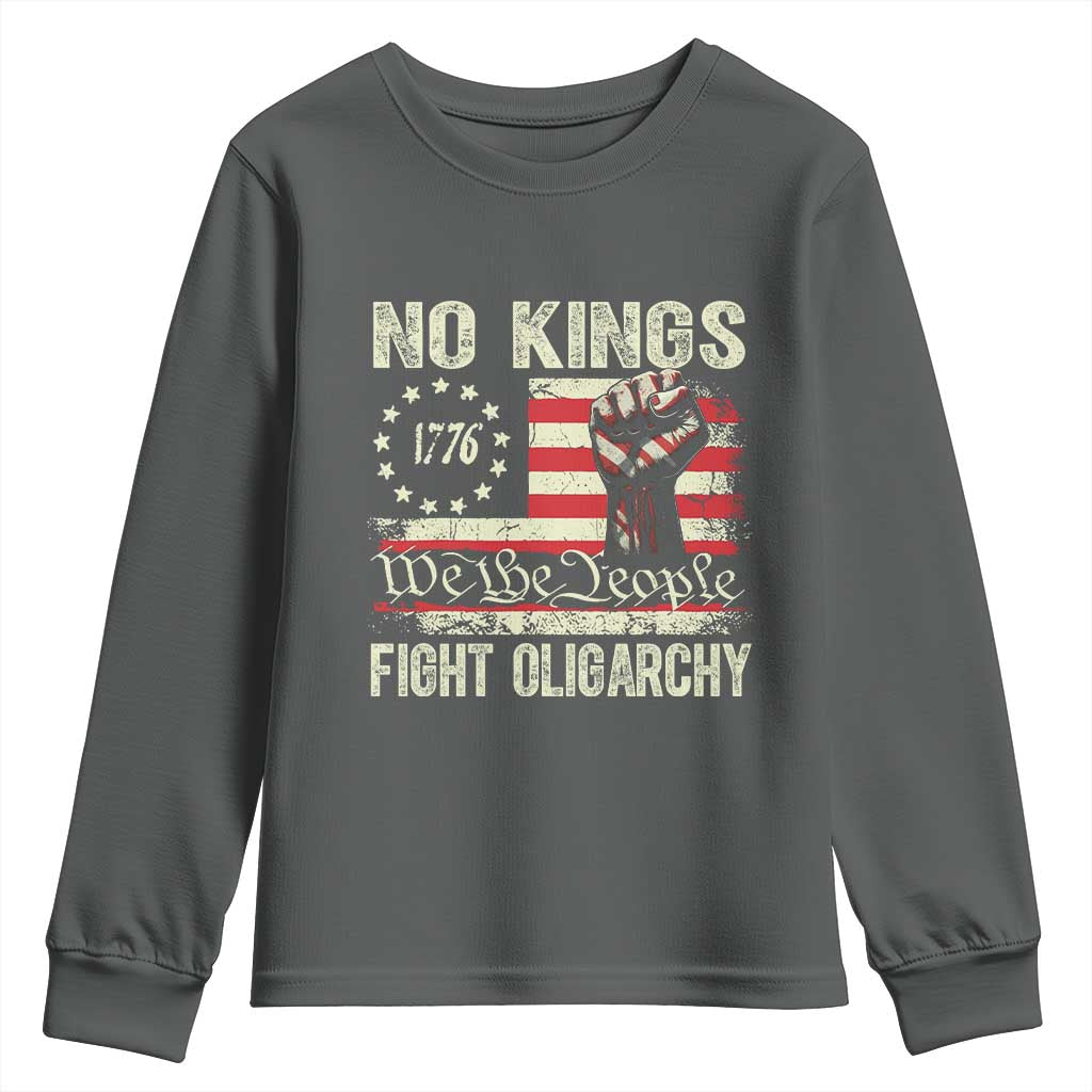 Funny No Kings Fight Oligarchy Youth Sweatshirt Betsy Ross Flag Hand Fist - Wonder Print Shop