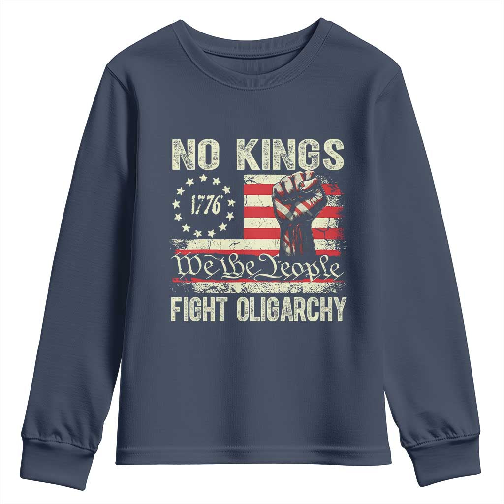 Funny No Kings Fight Oligarchy Youth Sweatshirt Betsy Ross Flag Hand Fist - Wonder Print Shop
