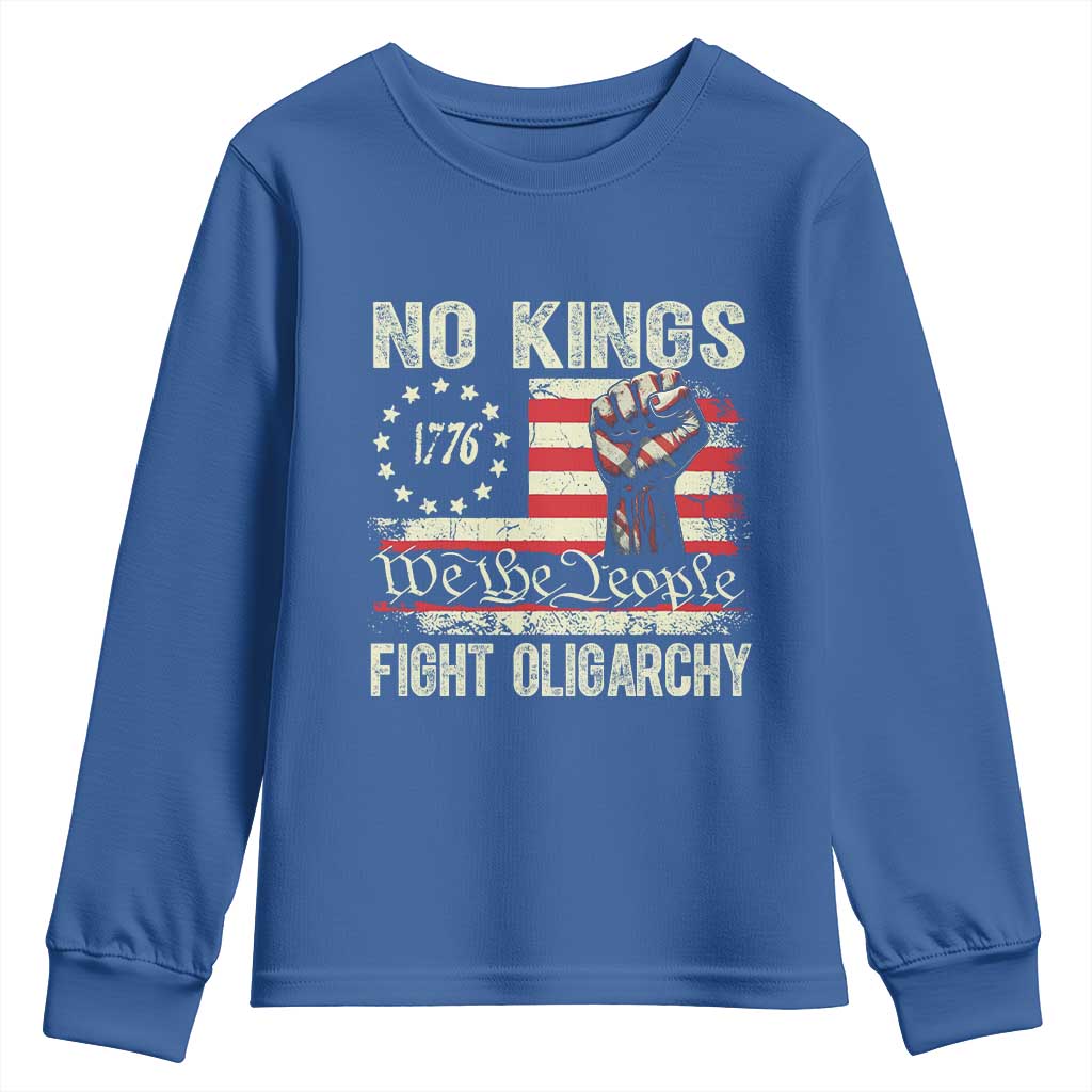 Funny No Kings Fight Oligarchy Youth Sweatshirt Betsy Ross Flag Hand Fist - Wonder Print Shop