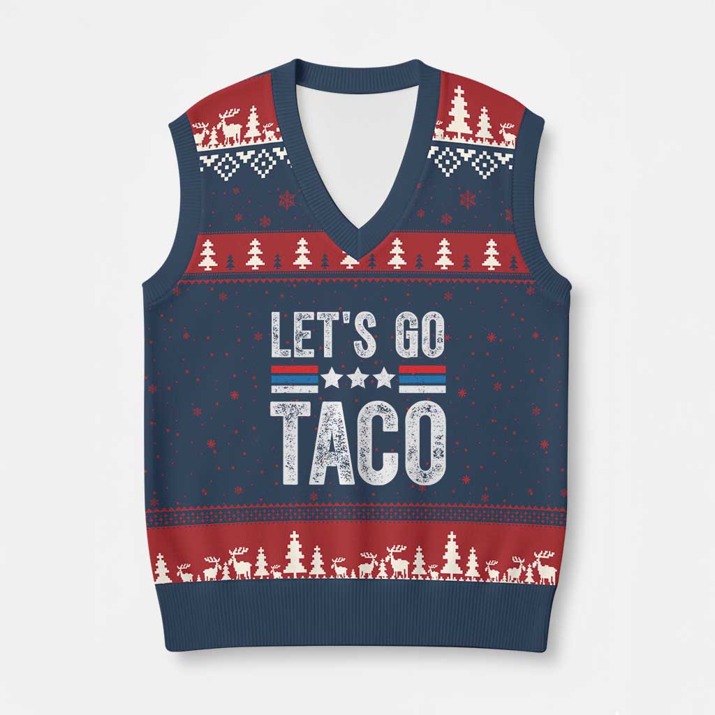 Funny Let's Go Taco Always Chickens Out V-Neck Knit Sweater Vest Vintage Star Stripes - Wonder Print Shop