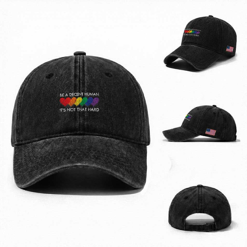 LGBTQ Be A Decent Human Its Not That Hard Washed Cotton Baseball Cap Rainbow Hearts