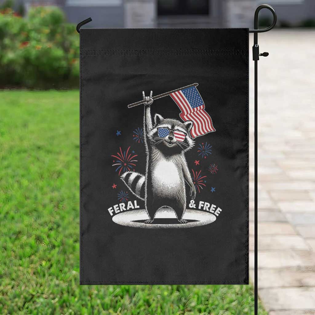 Funny Feral And Free Garden Flag 4th of July Patriotic Raccoon With American Flag Fireworks - Wonder Print Shop