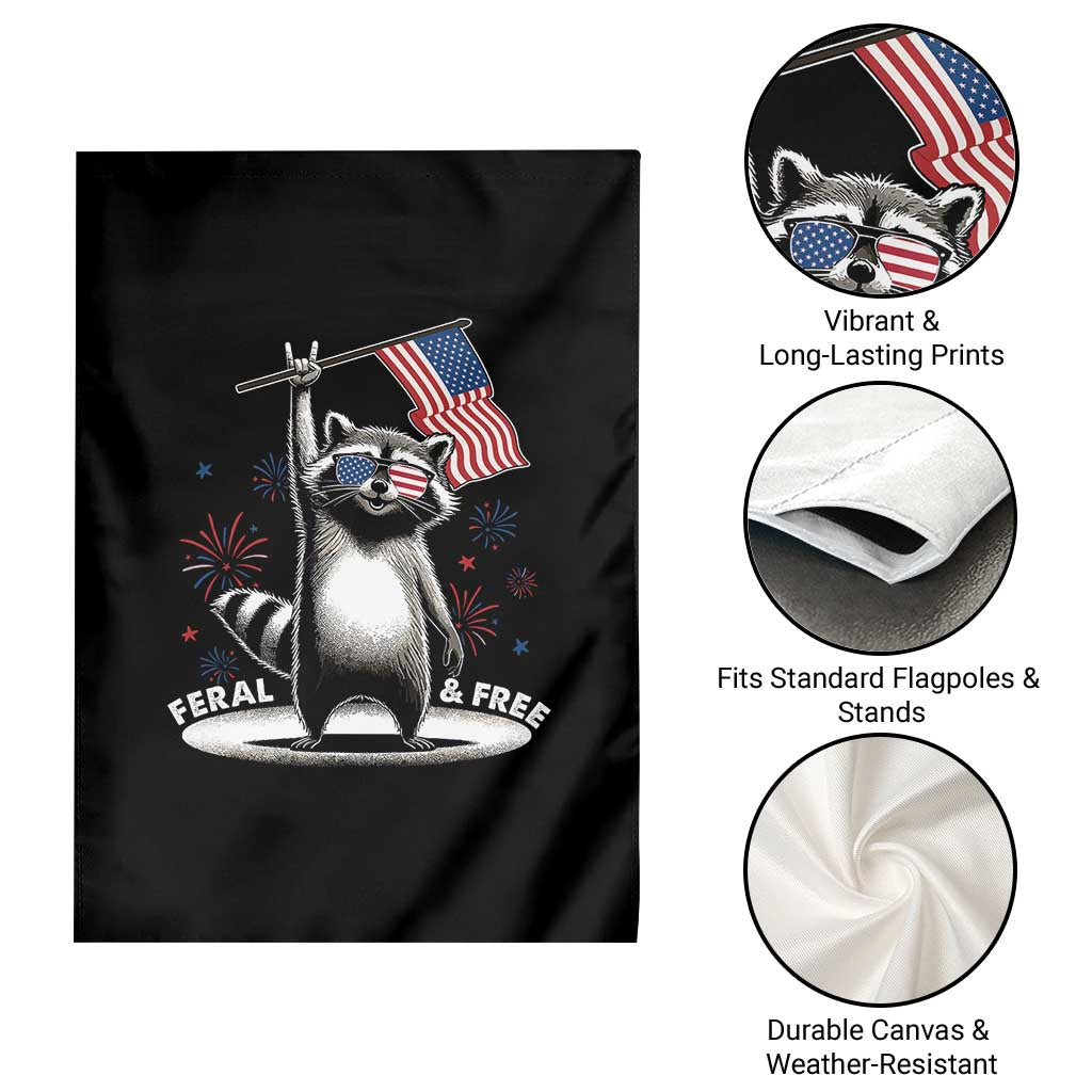 Funny Feral And Free Garden Flag 4th of July Patriotic Raccoon With American Flag Fireworks - Wonder Print Shop