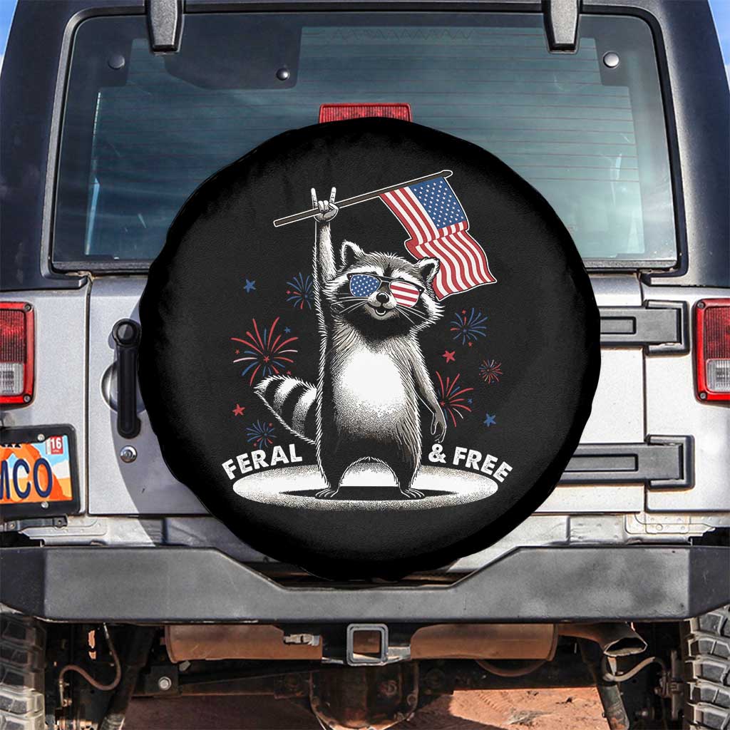 Funny Feral And Free Spare Tire Cover 4th of July Patriotic Raccoon With American Flag Fireworks - Wonder Print Shop