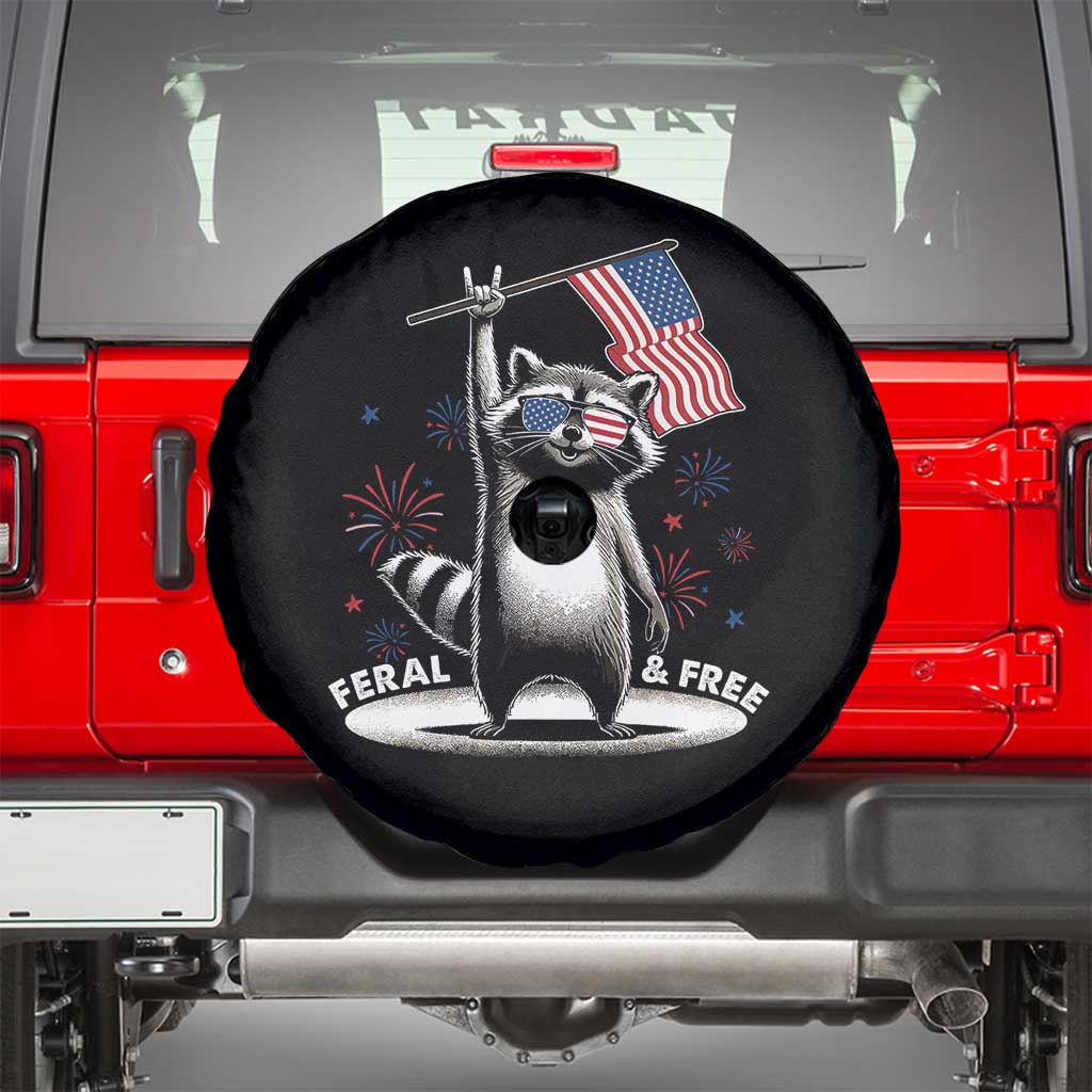Funny Feral And Free Spare Tire Cover 4th of July Patriotic Raccoon With American Flag Fireworks - Wonder Print Shop