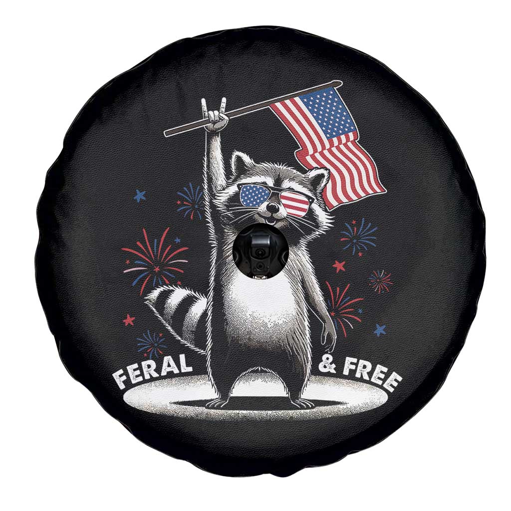 Funny Feral And Free Spare Tire Cover 4th of July Patriotic Raccoon With American Flag Fireworks - Wonder Print Shop
