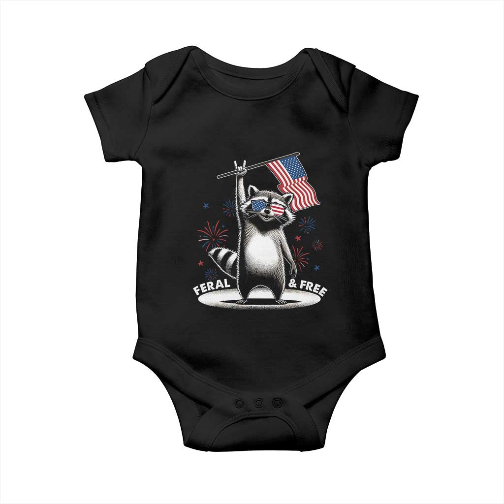 Funny Feral And Free Baby Onesie 4th of July Patriotic Raccoon With American Flag Fireworks - Wonder Print Shop