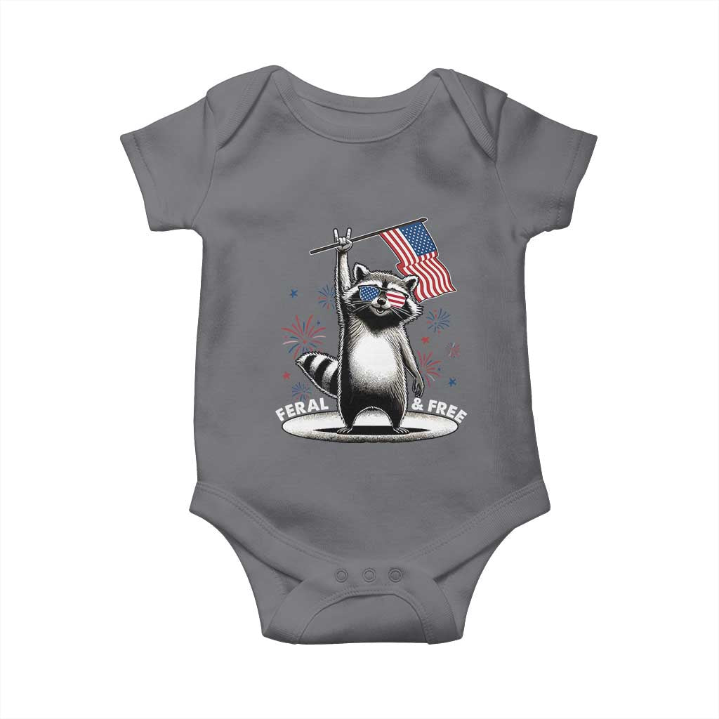 Funny Feral And Free Baby Onesie 4th of July Patriotic Raccoon With American Flag Fireworks - Wonder Print Shop