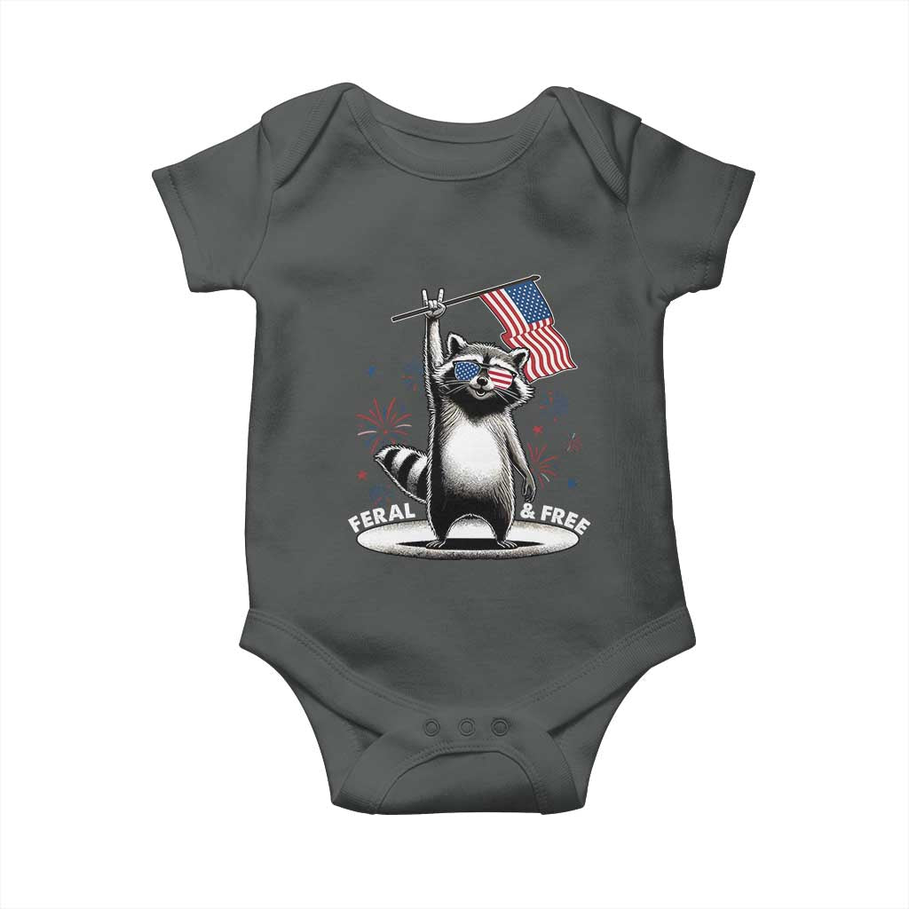 Funny Feral And Free Baby Onesie 4th of July Patriotic Raccoon With American Flag Fireworks - Wonder Print Shop