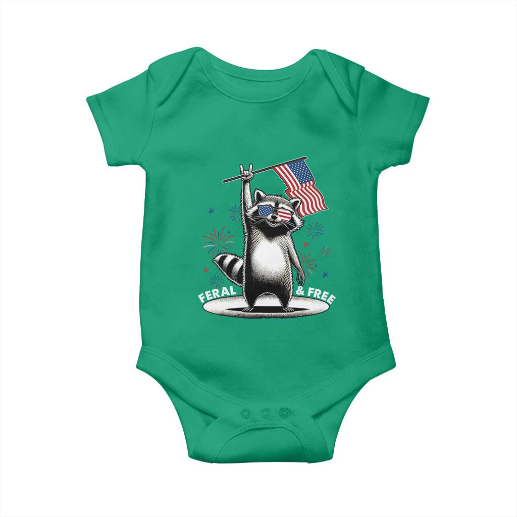 Funny Feral And Free Baby Onesie 4th of July Patriotic Raccoon With American Flag Fireworks - Wonder Print Shop
