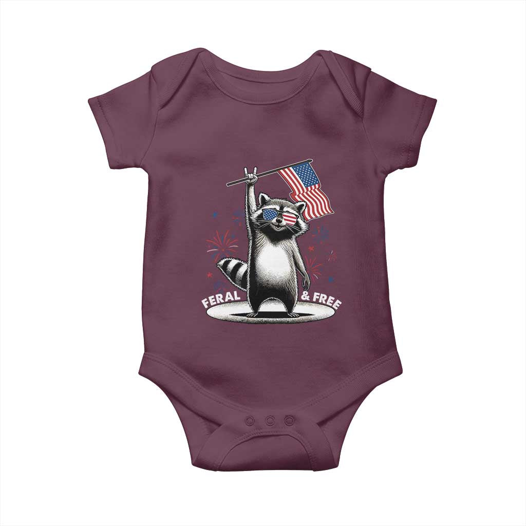 Funny Feral And Free Baby Onesie 4th of July Patriotic Raccoon With American Flag Fireworks - Wonder Print Shop