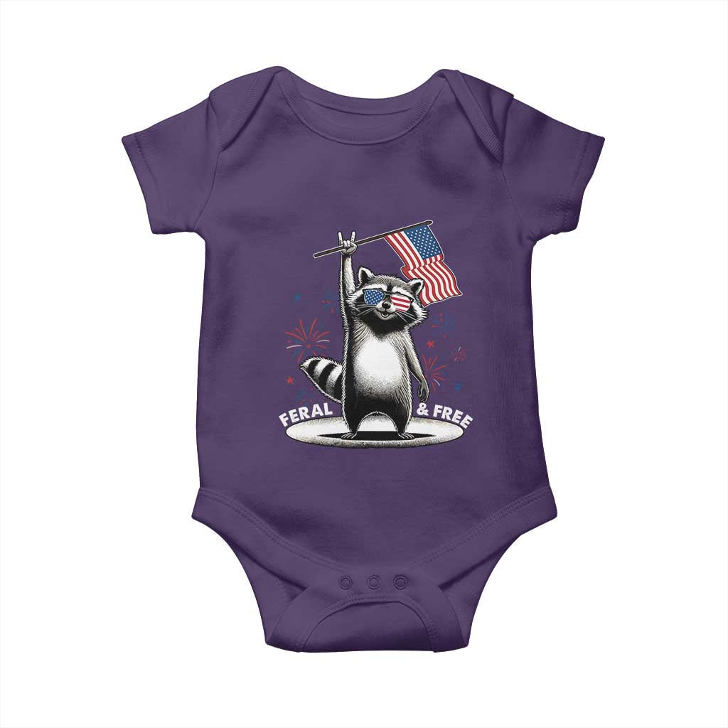 Funny Feral And Free Baby Onesie 4th of July Patriotic Raccoon With American Flag Fireworks - Wonder Print Shop