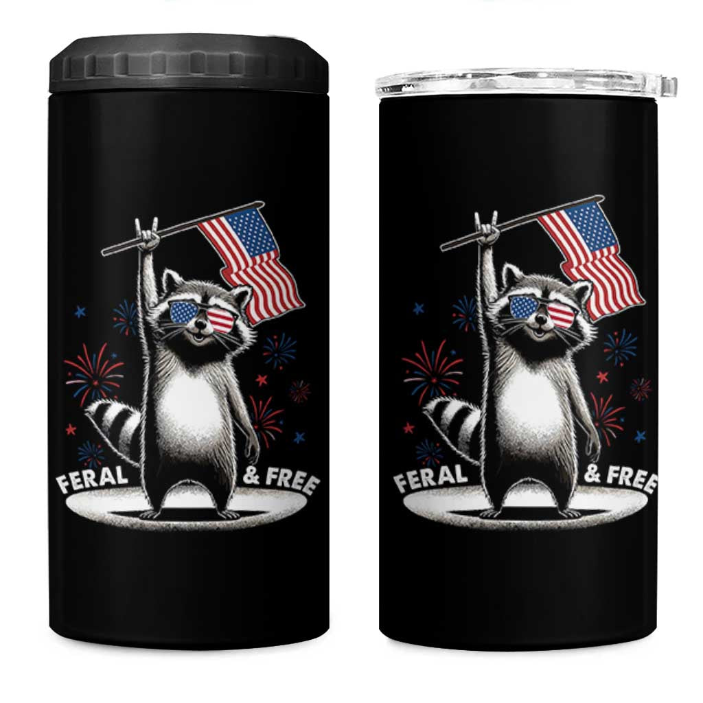 Funny Feral And Free 4 in 1 Can Cooler Tumbler 4th of July Patriotic Raccoon With American Flag Fireworks - Wonder Print Shop