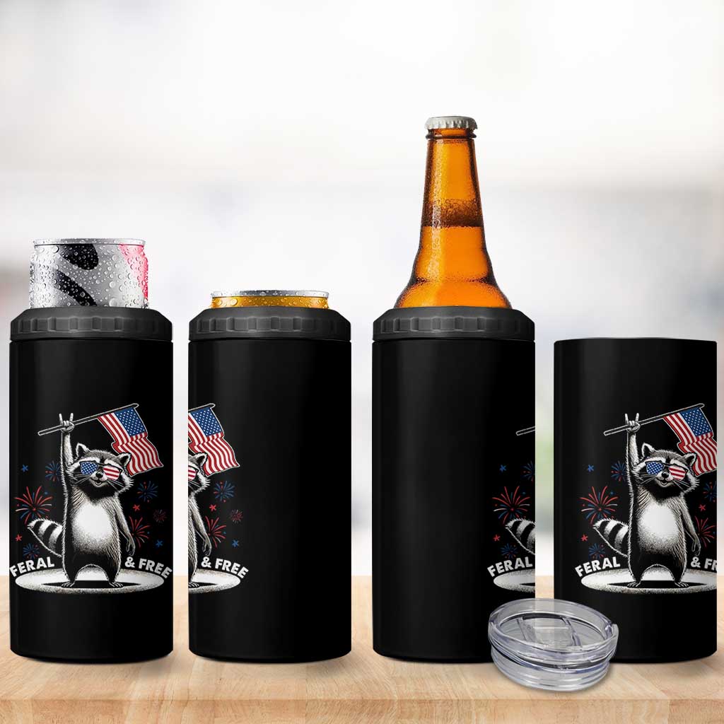 Funny Feral And Free 4 in 1 Can Cooler Tumbler 4th of July Patriotic Raccoon With American Flag Fireworks - Wonder Print Shop