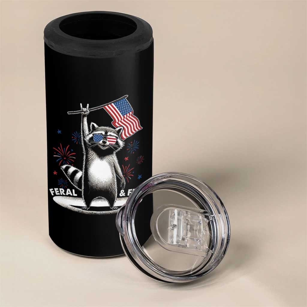 Funny Feral And Free 4 in 1 Can Cooler Tumbler 4th of July Patriotic Raccoon With American Flag Fireworks - Wonder Print Shop