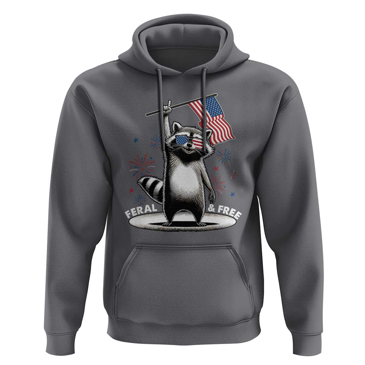Funny Feral And Free Hoodie 4th of July Patriotic Raccoon With American Flag Fireworks - Wonder Print Shop