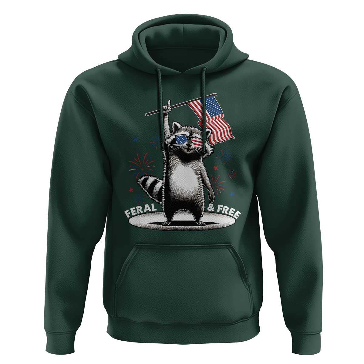 Funny Feral And Free Hoodie 4th of July Patriotic Raccoon With American Flag Fireworks - Wonder Print Shop