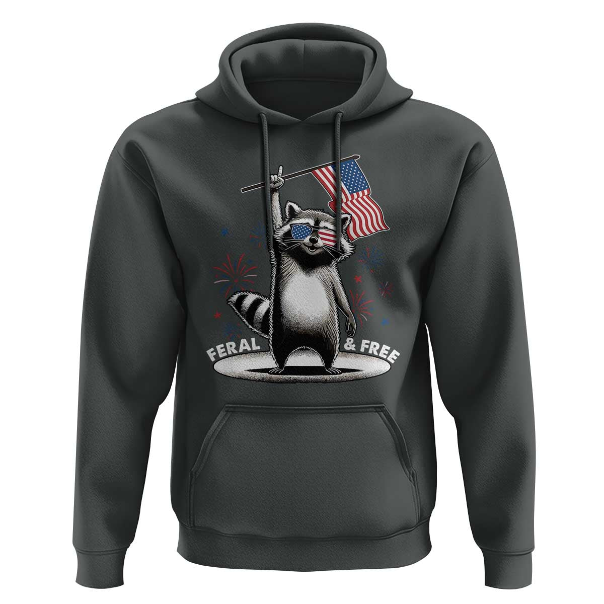 Funny Feral And Free Hoodie 4th of July Patriotic Raccoon With American Flag Fireworks - Wonder Print Shop