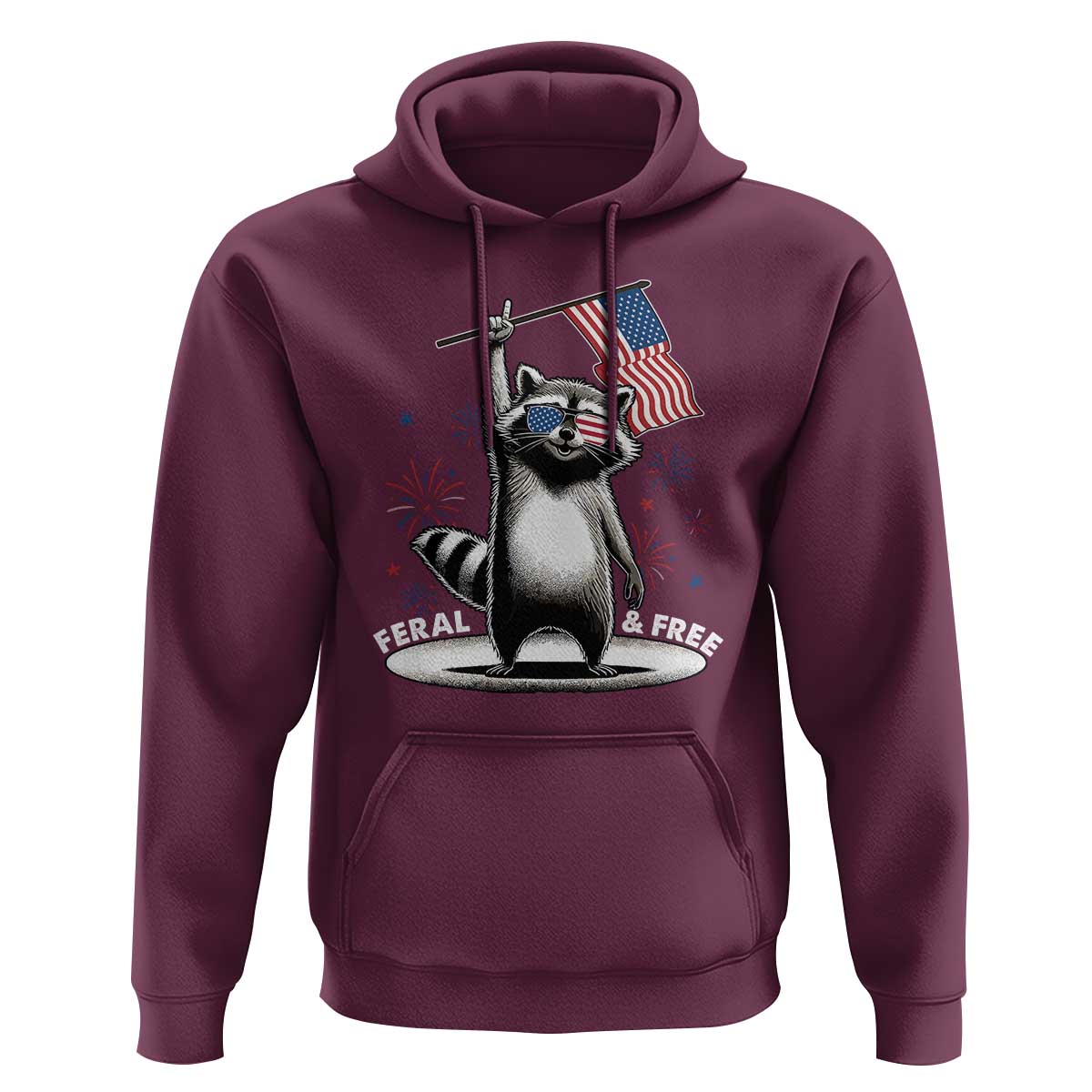 Funny Feral And Free Hoodie 4th of July Patriotic Raccoon With American Flag Fireworks - Wonder Print Shop