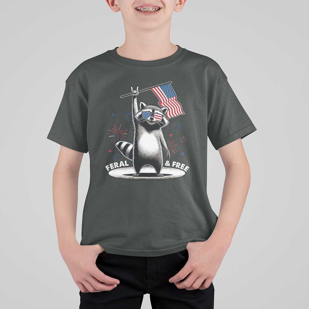 Funny Feral And Free T Shirt For Kid 4th of July Patriotic Raccoon With American Flag Fireworks - Wonder Print Shop