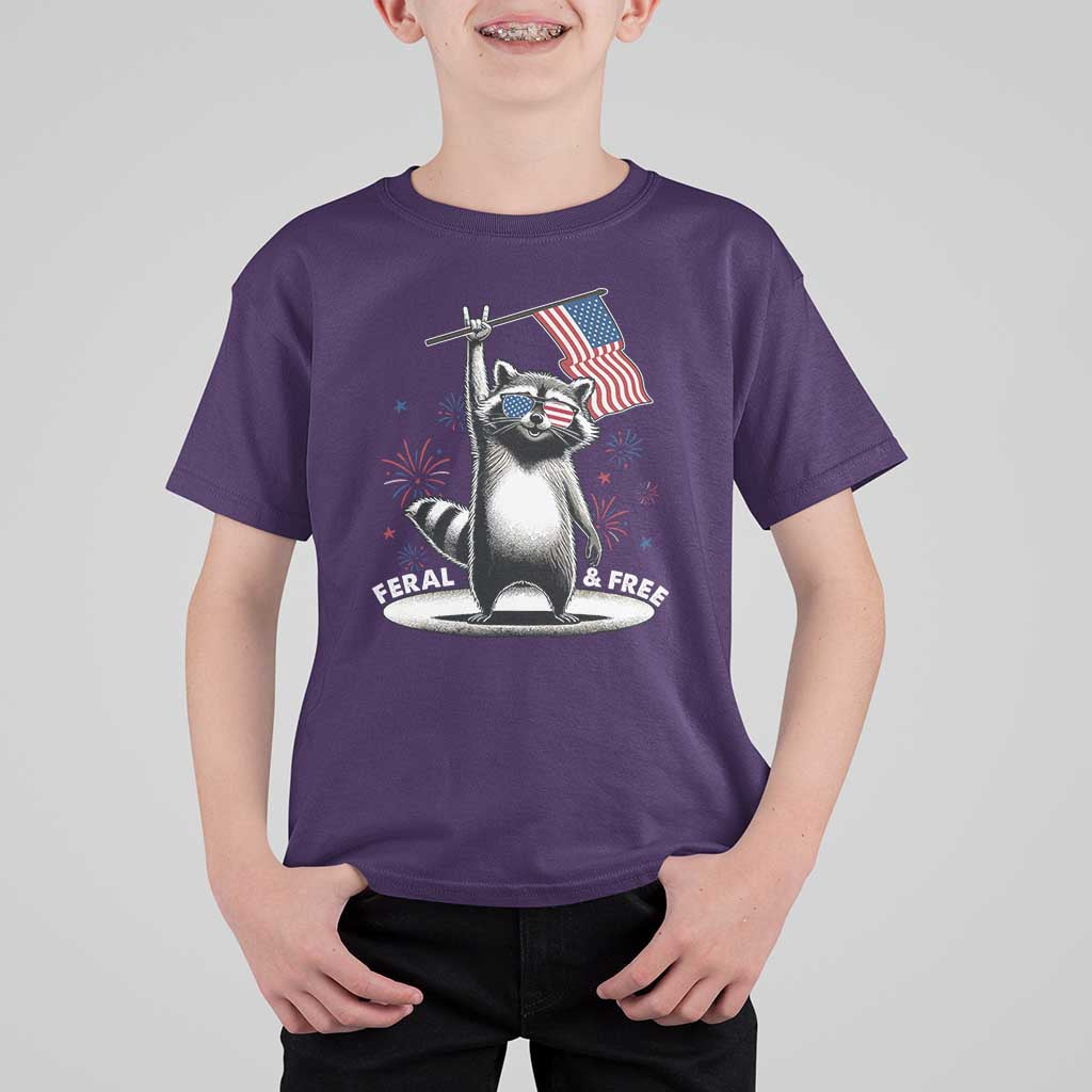 Funny Feral And Free T Shirt For Kid 4th of July Patriotic Raccoon With American Flag Fireworks - Wonder Print Shop