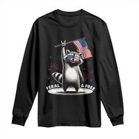 Funny Feral And Free Long Sleeve Shirt 4th of July Patriotic Raccoon With American Flag Fireworks - Wonder Print Shop