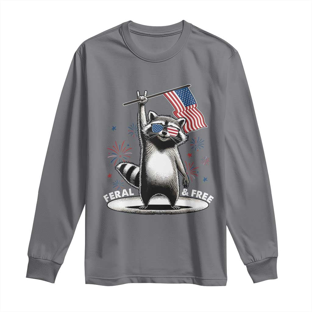 Funny Feral And Free Long Sleeve Shirt 4th of July Patriotic Raccoon With American Flag Fireworks - Wonder Print Shop