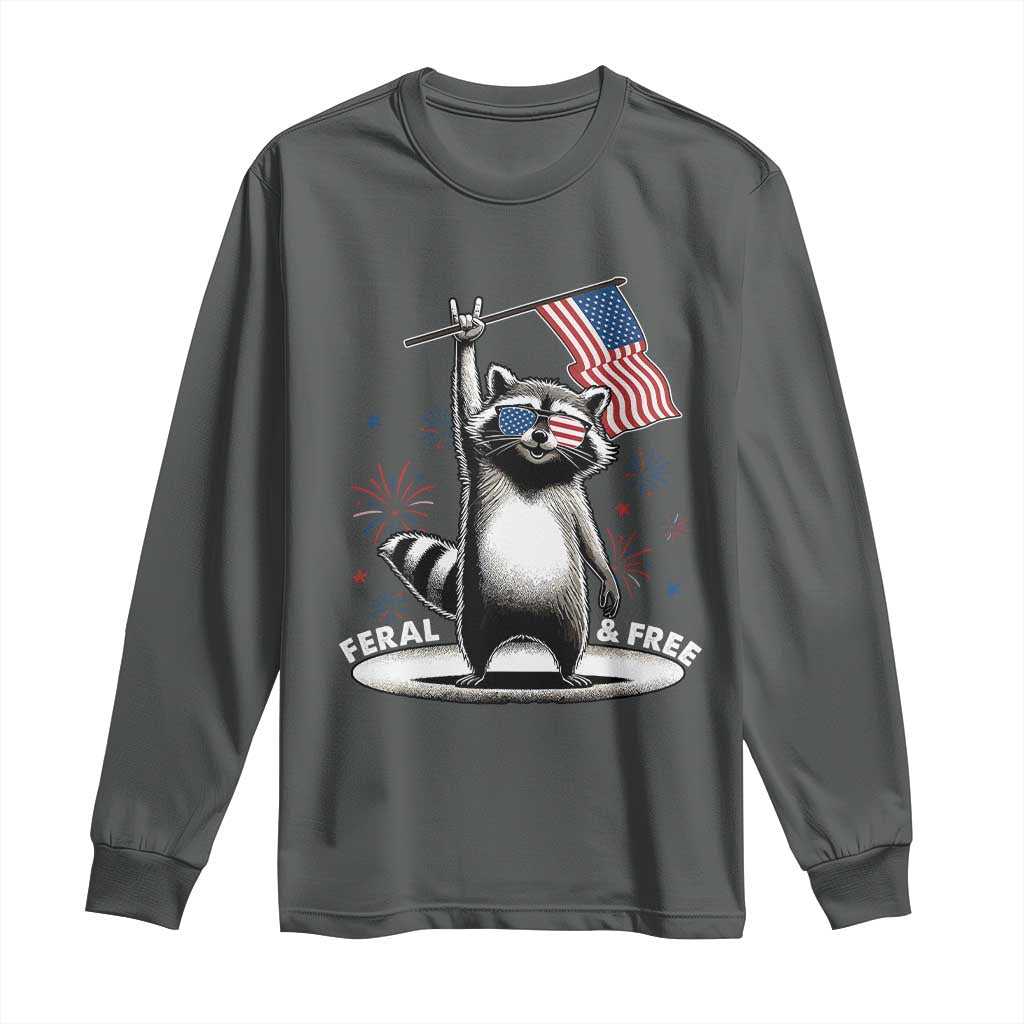 Funny Feral And Free Long Sleeve Shirt 4th of July Patriotic Raccoon With American Flag Fireworks - Wonder Print Shop