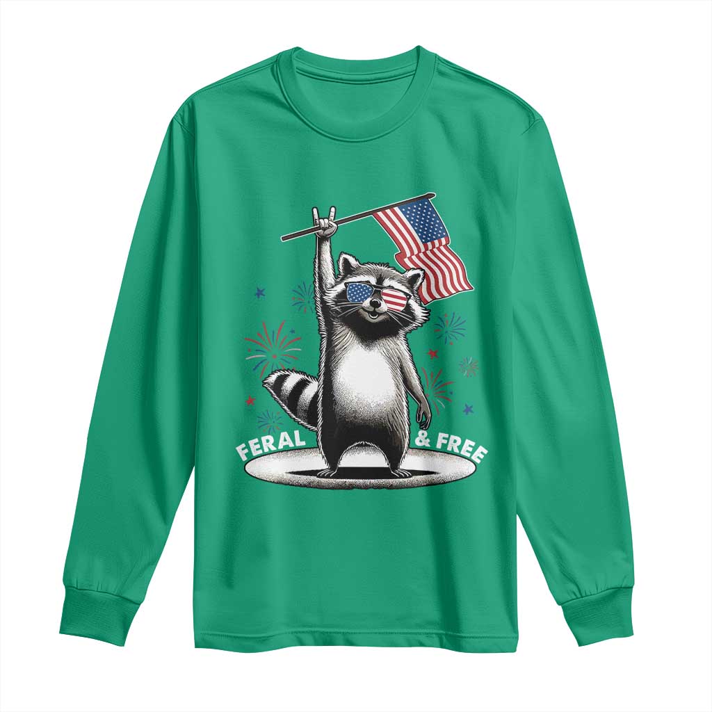 Funny Feral And Free Long Sleeve Shirt 4th of July Patriotic Raccoon With American Flag Fireworks - Wonder Print Shop