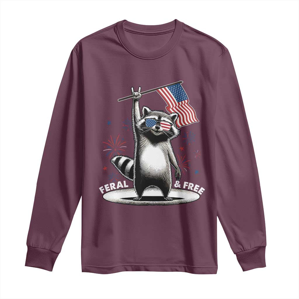 Funny Feral And Free Long Sleeve Shirt 4th of July Patriotic Raccoon With American Flag Fireworks - Wonder Print Shop