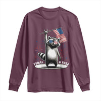 Funny Feral And Free Long Sleeve Shirt 4th of July Patriotic Raccoon With American Flag Fireworks - Wonder Print Shop