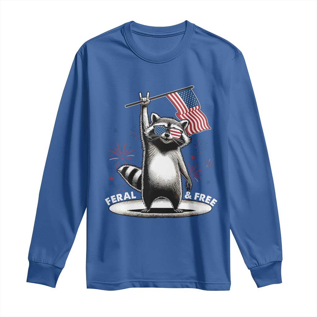 Funny Feral And Free Long Sleeve Shirt 4th of July Patriotic Raccoon With American Flag Fireworks - Wonder Print Shop