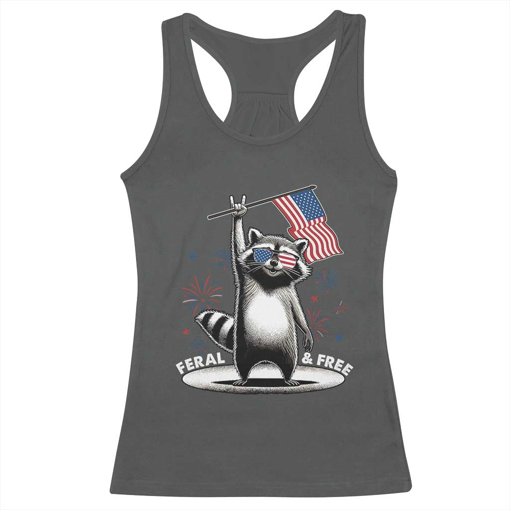 Funny Feral And Free Racerback Tank Top 4th of July Patriotic Raccoon With American Flag Fireworks - Wonder Print Shop