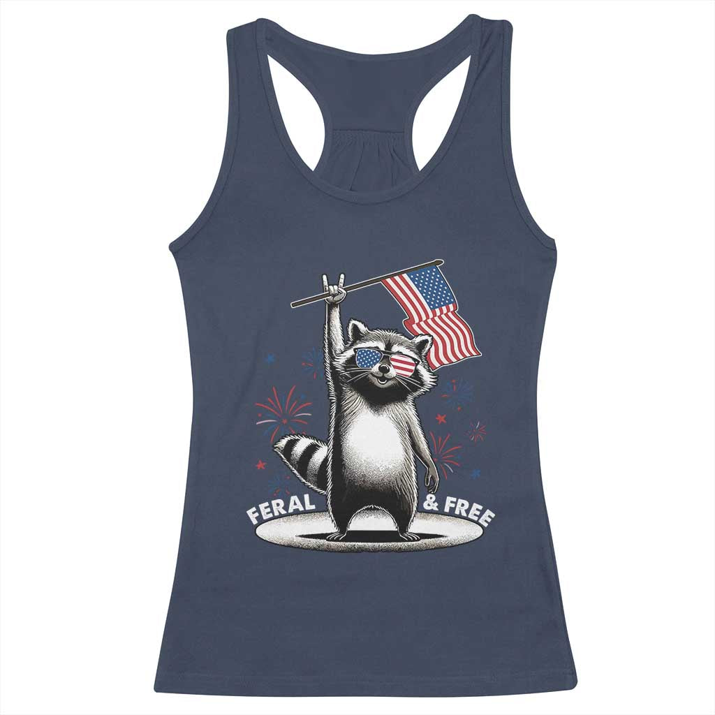 Funny Feral And Free Racerback Tank Top 4th of July Patriotic Raccoon With American Flag Fireworks - Wonder Print Shop