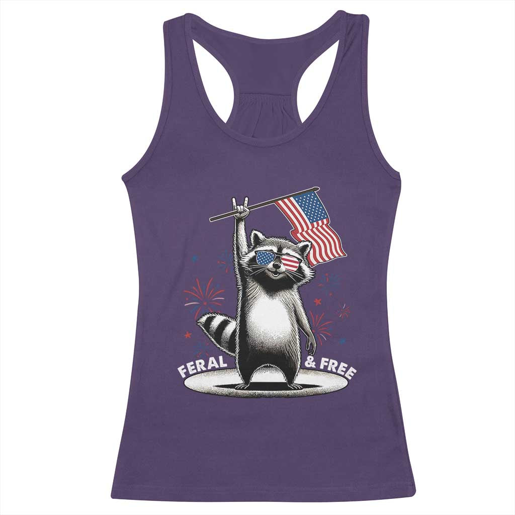 Funny Feral And Free Racerback Tank Top 4th of July Patriotic Raccoon With American Flag Fireworks - Wonder Print Shop