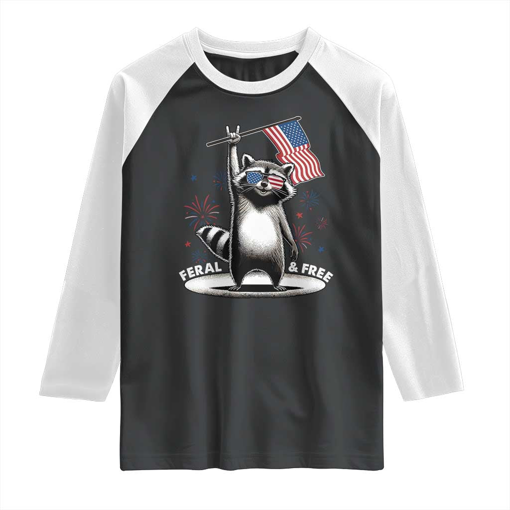 Funny Feral And Free Raglan Shirt 4th of July Patriotic Raccoon With American Flag Fireworks - Wonder Print Shop