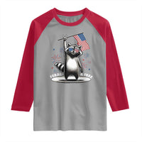 Funny Feral And Free Raglan Shirt 4th of July Patriotic Raccoon With American Flag Fireworks - Wonder Print Shop