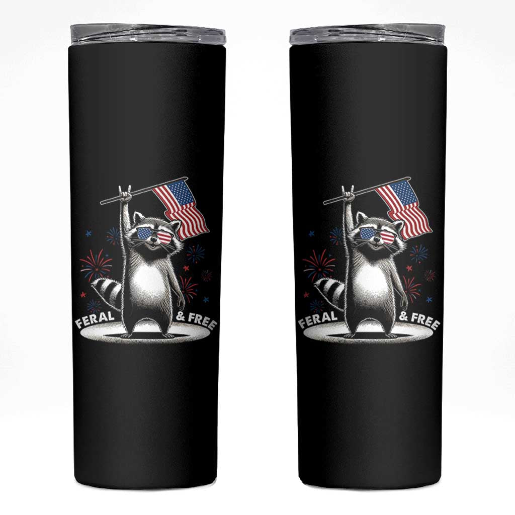 Funny Feral And Free Skinny Tumbler 4th of July Patriotic Raccoon With American Flag Fireworks - Wonder Print Shop
