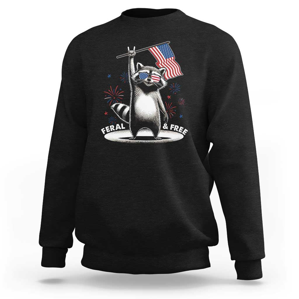 Funny Feral And Free Sweatshirt 4th of July Patriotic Raccoon With American Flag Fireworks - Wonder Print Shop