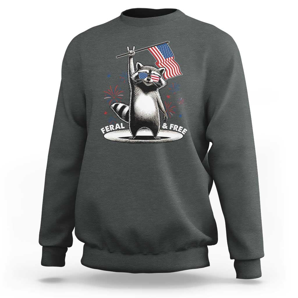 Funny Feral And Free Sweatshirt 4th of July Patriotic Raccoon With American Flag Fireworks - Wonder Print Shop