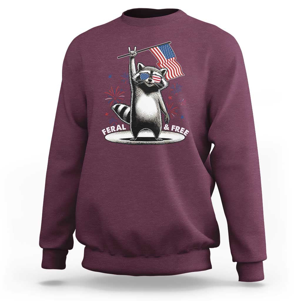 Funny Feral And Free Sweatshirt 4th of July Patriotic Raccoon With American Flag Fireworks - Wonder Print Shop