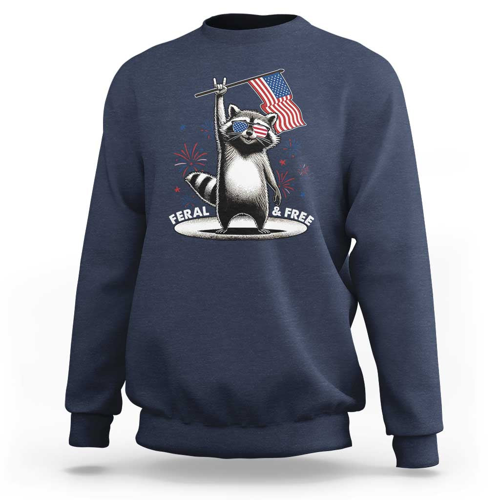 Funny Feral And Free Sweatshirt 4th of July Patriotic Raccoon With American Flag Fireworks - Wonder Print Shop