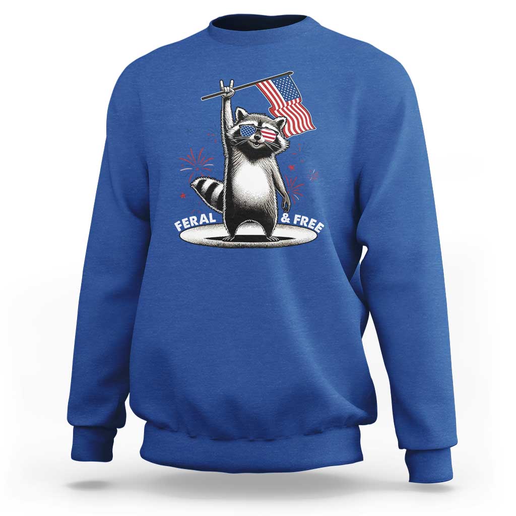 Funny Feral And Free Sweatshirt 4th of July Patriotic Raccoon With American Flag Fireworks - Wonder Print Shop