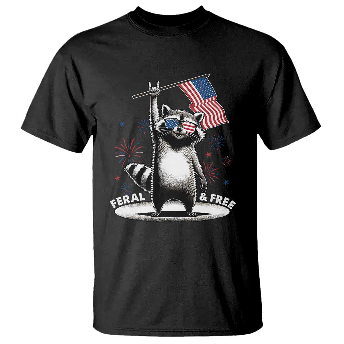 Funny Feral And Free T Shirt 4th of July Patriotic Raccoon With American Flag Fireworks - Wonder Print Shop
